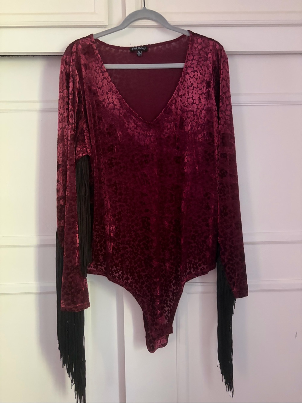Smak Parlour Burgundy Velvet Fringe Bodysuit; 3X (20)